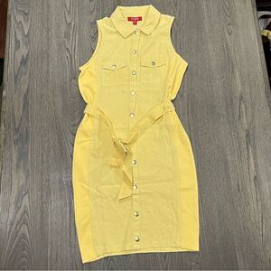 NWOT Guess Los Angeles Linen Blend Yellow Collared Utility Tie Waist Dress Sz M